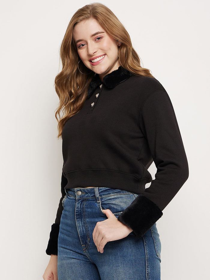 Madame Black Faux Fur Collared Crop Sweatshirt
