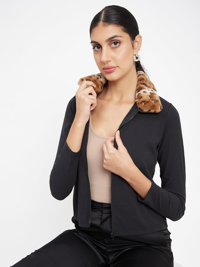 Madame Black Ribbed Polo Neck Top