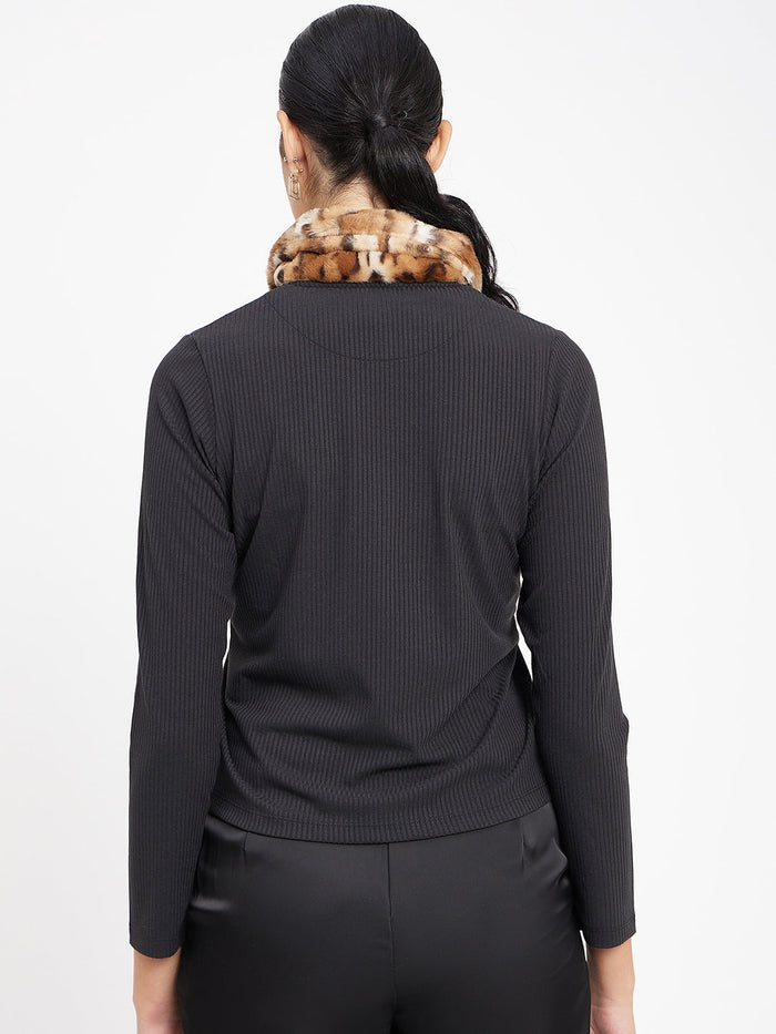 Madame Black Ribbed Polo Neck Top