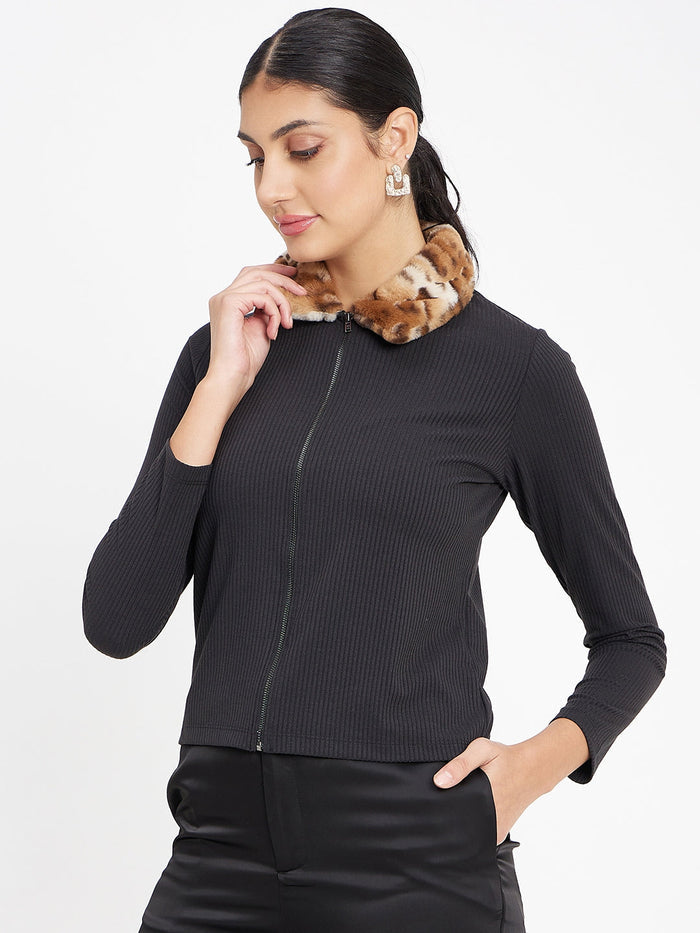 Madame Black Ribbed Polo Neck Top