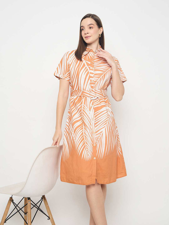 Madame Botanical Print Cotton Blend Orange Shirt Dress