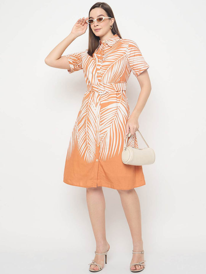 Madame Botanical Print Cotton Blend Orange Shirt Dress
