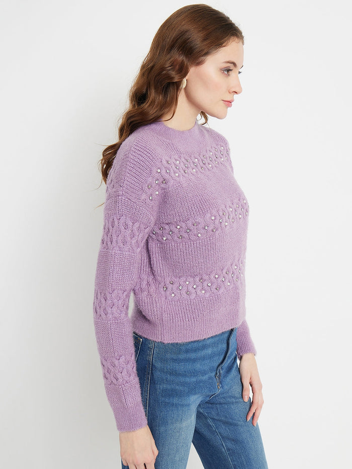 Madame Cable Knit Embellished Lilac Sweater
