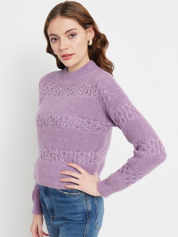 Madame Cable Knit Embellished Lilac Sweater