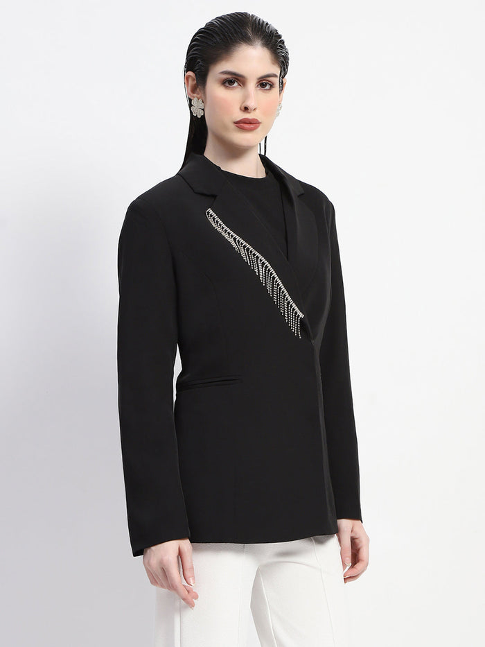 Madame Chain Adorned Notched Lapel Neckline Black Blazer