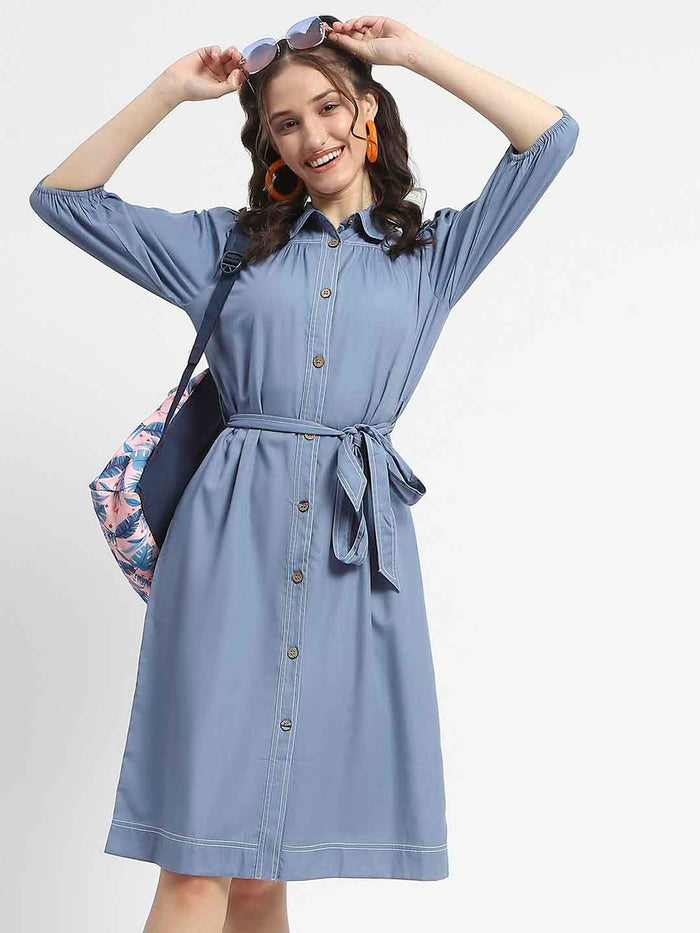 Madame Cotton Blend Belted Waist Blue Midi Shirt Dress