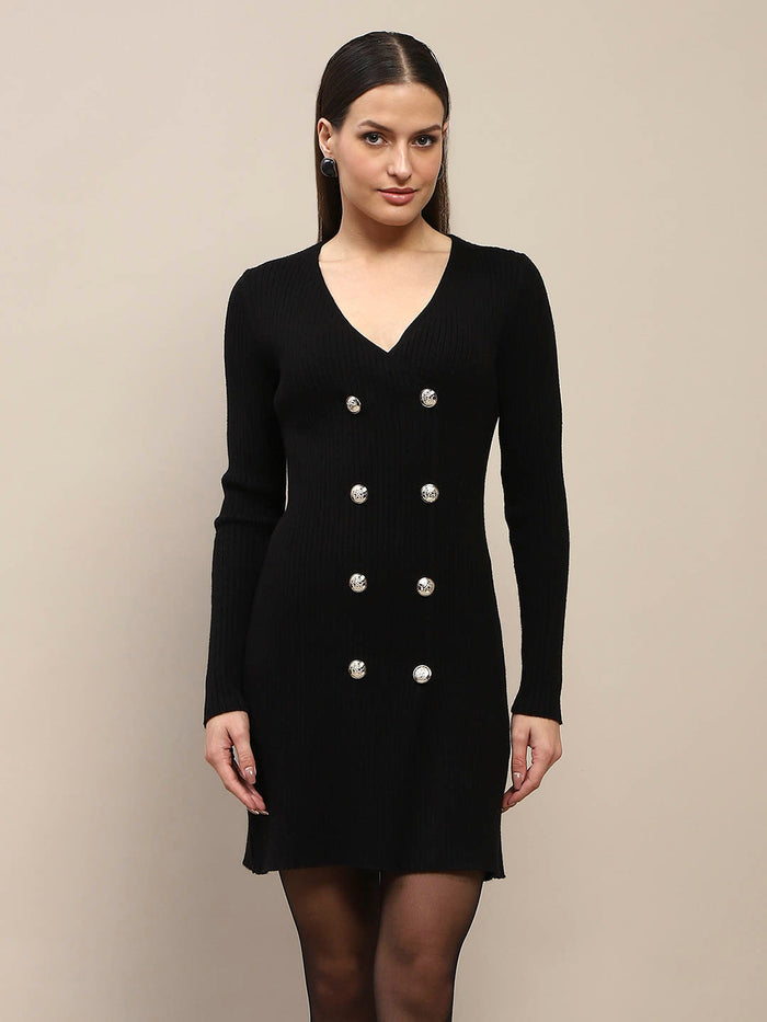 Madame Double Breasted V Neck Black Knitted Mini Dress