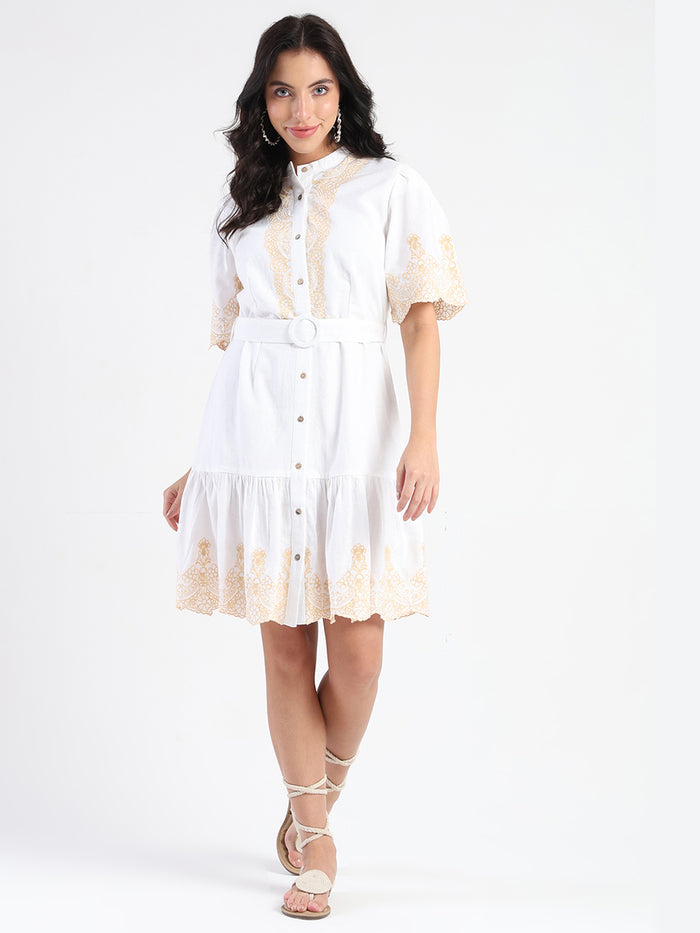 Madame Embroidered A-Line White Mini Dress