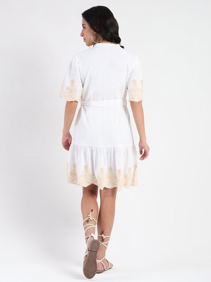 Madame Embroidered A-Line White Mini Dress