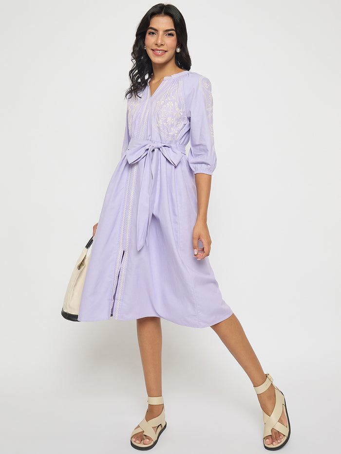 Madame Embroidered Belted A Line Midi Mauve Dress