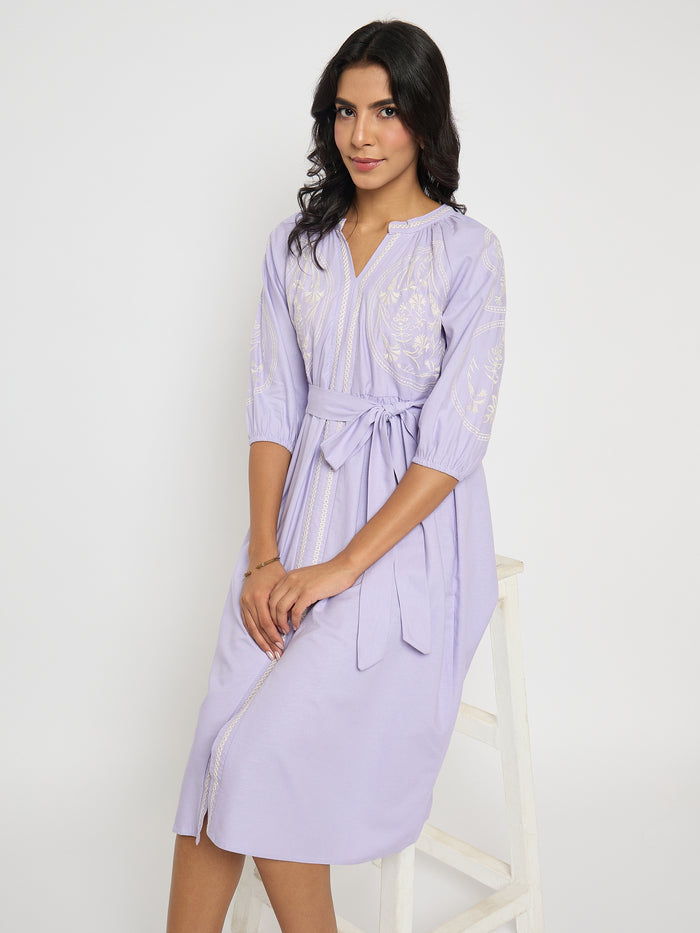 Madame Embroidered Belted A Line Midi Mauve Dress
