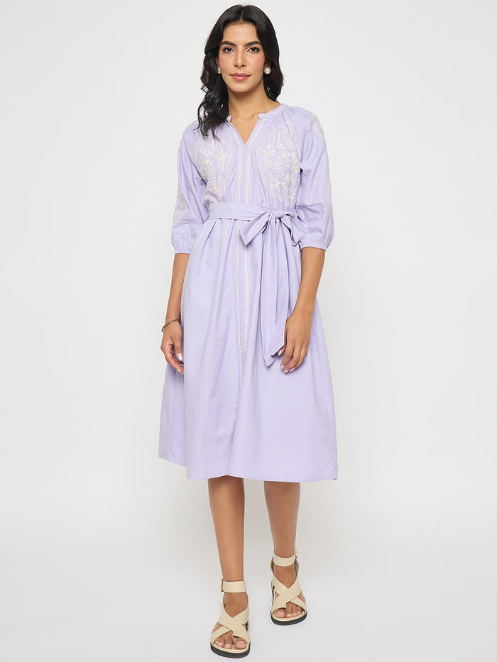 Madame Embroidered Belted A Line Midi Mauve Dress