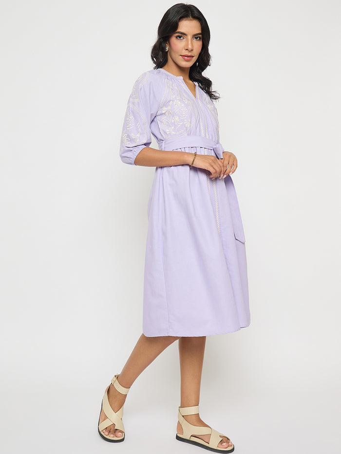 Madame Embroidered Belted A Line Midi Mauve Dress