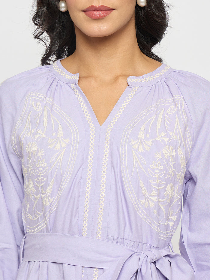 Madame Embroidered Belted A Line Midi Mauve Dress