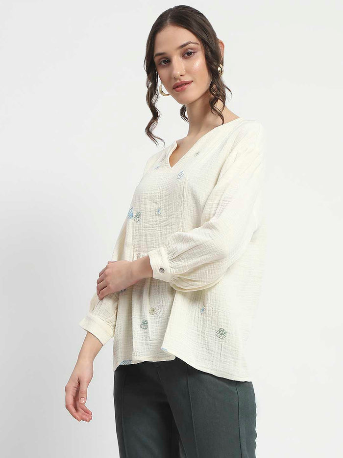 Madame Embroidered Boho Cotton Beige Top