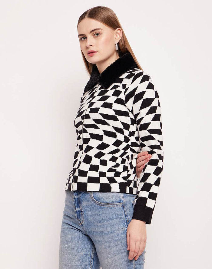 Madame Faux Fur Collar And Cuffs Geometric Print Off-White Sweater