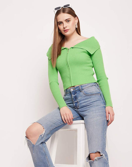 Madame Flap Collar Green Knit Top