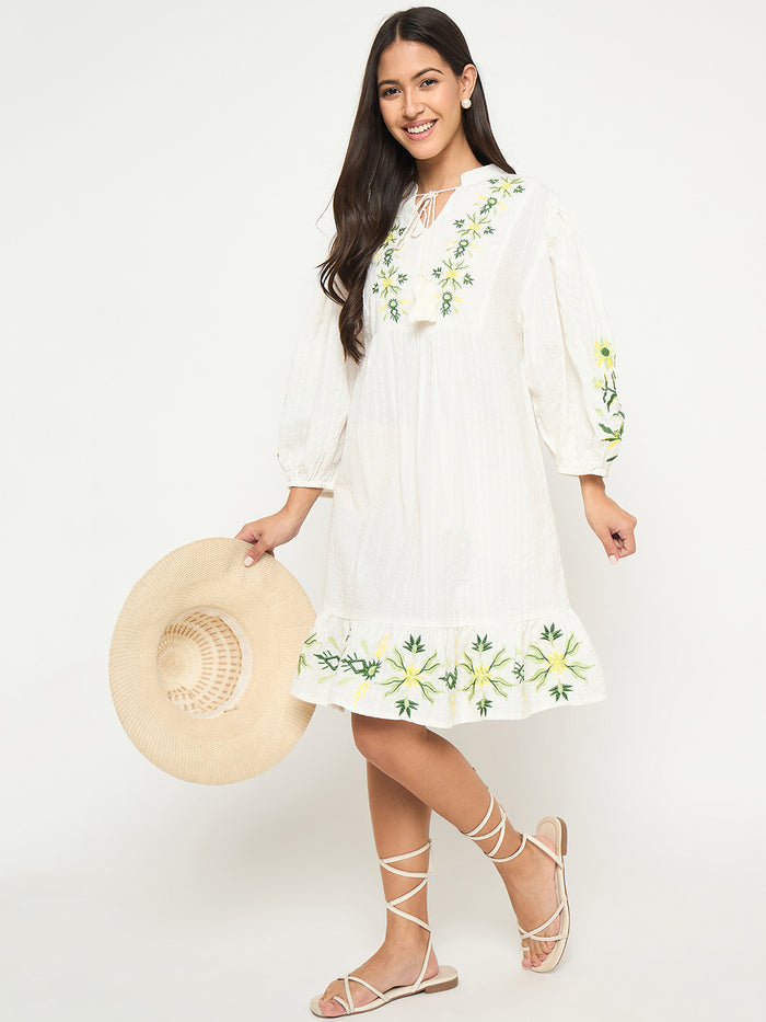 Madame Floral Embroidered Fit and Flare White Mini Dress