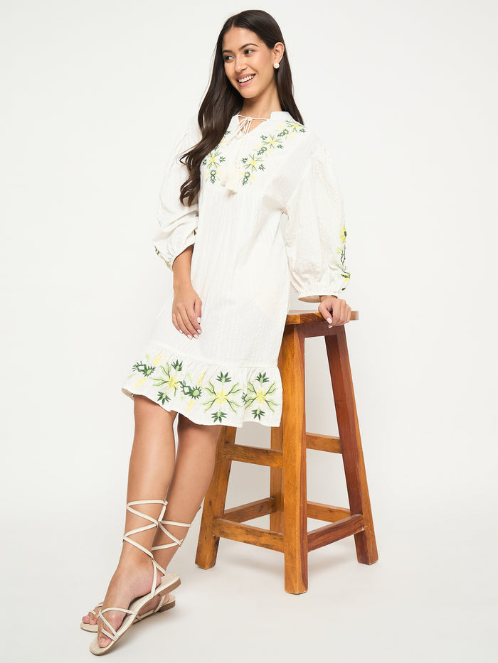 Madame Floral Embroidered Fit and Flare White Mini Dress