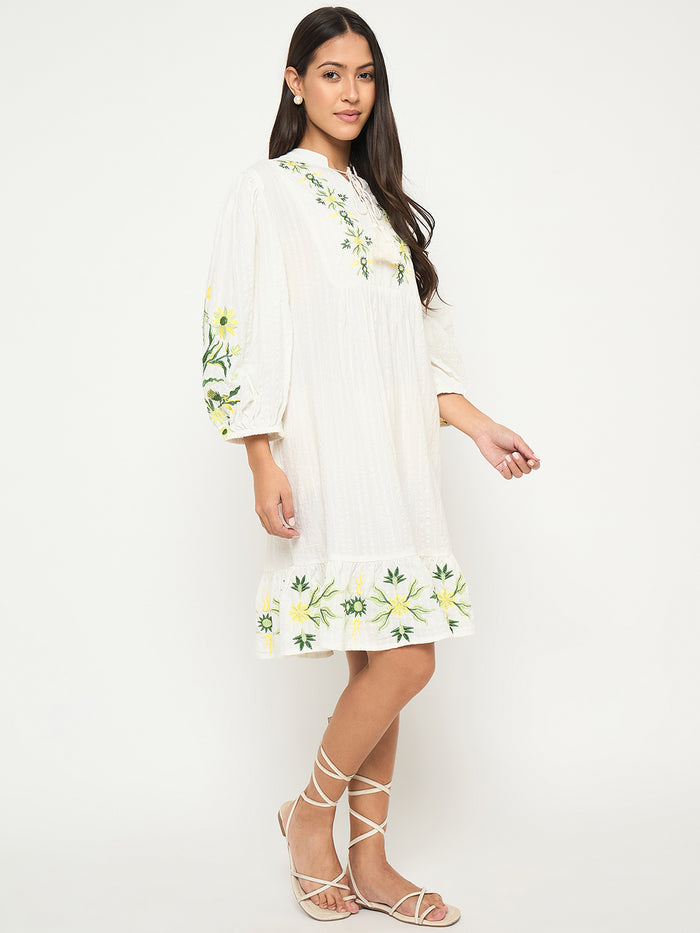Madame Floral Embroidered Fit and Flare White Mini Dress