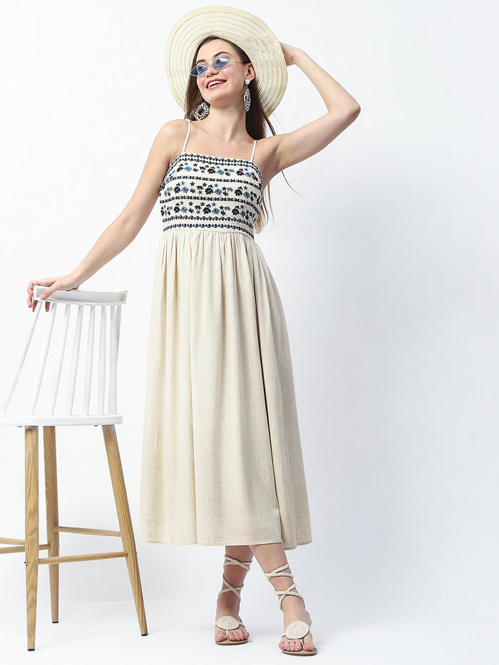 Madame Floral Embroidered Sleeveless Off White Midi Dress
