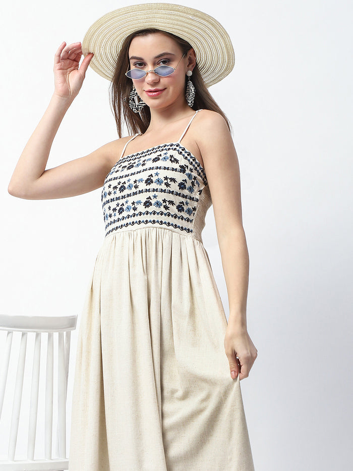 Madame Floral Embroidered Sleeveless Off White Midi Dress