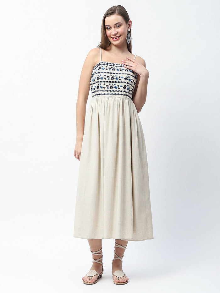 Madame Floral Embroidered Sleeveless Off White Midi Dress