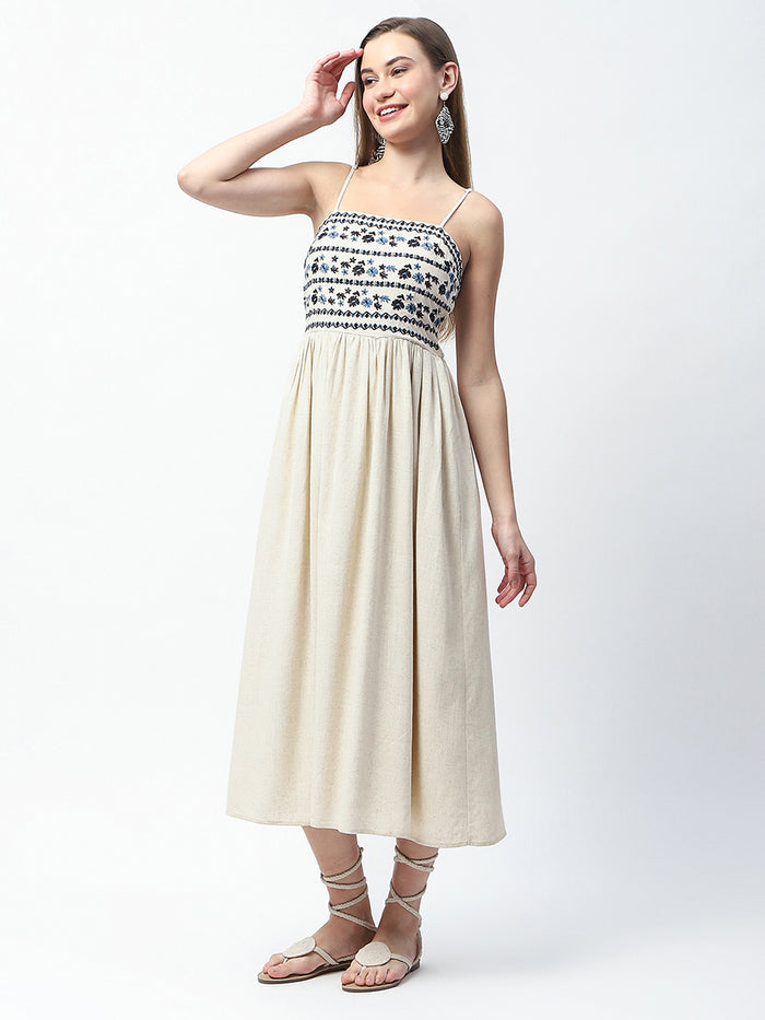 Madame Floral Embroidered Sleeveless Off White Midi Dress