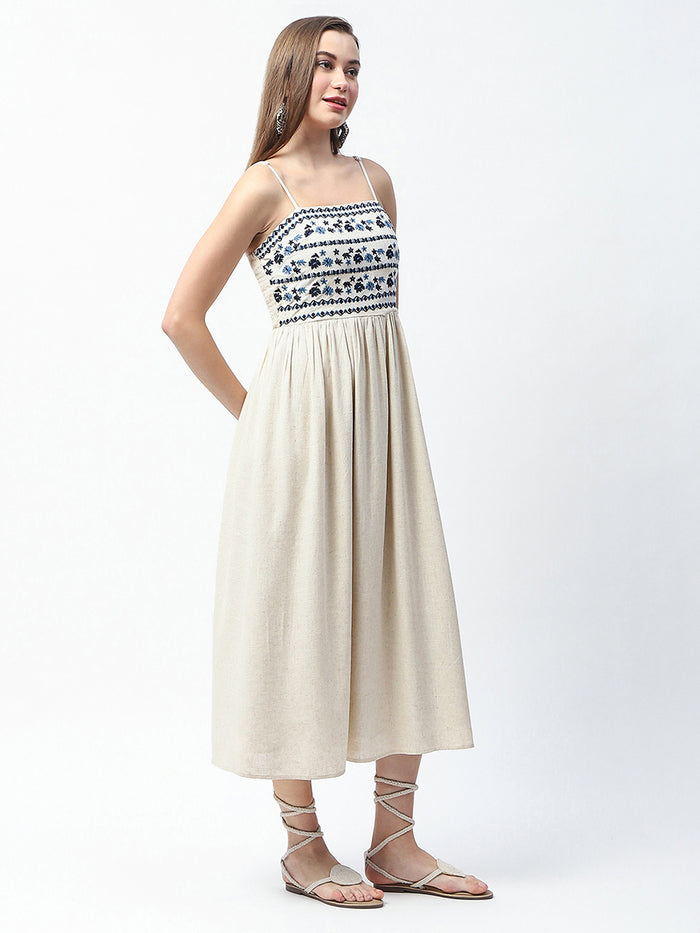 Madame Floral Embroidered Sleeveless Off White Midi Dress