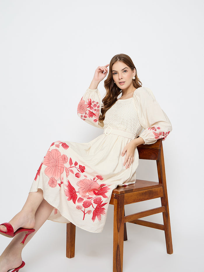 Madame Floral Print Belted Beige Rayon Midi Dress