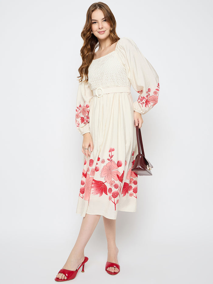 Madame Floral Print Belted Beige Rayon Midi Dress