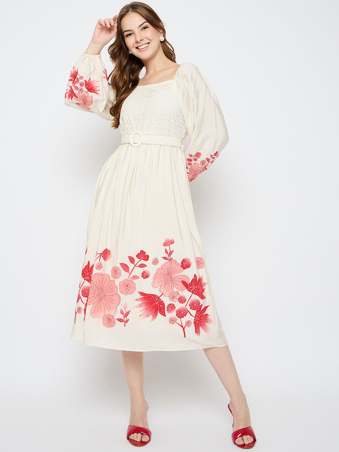 Madame Floral Print Belted Beige Rayon Midi Dress