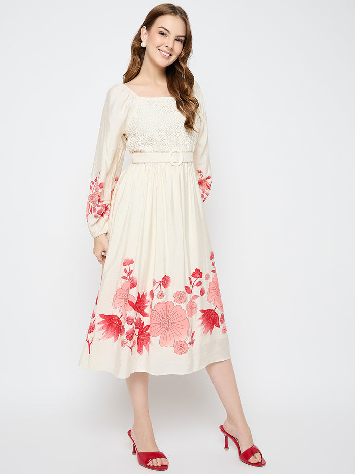 Madame Floral Print Belted Beige Rayon Midi Dress