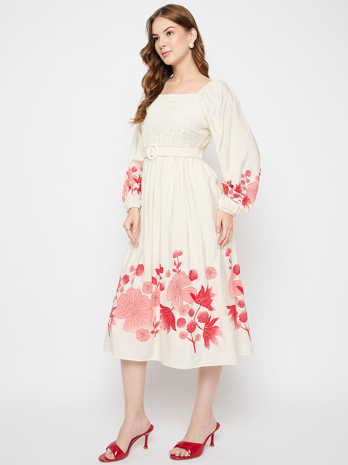 Madame Floral Print Belted Beige Rayon Midi Dress