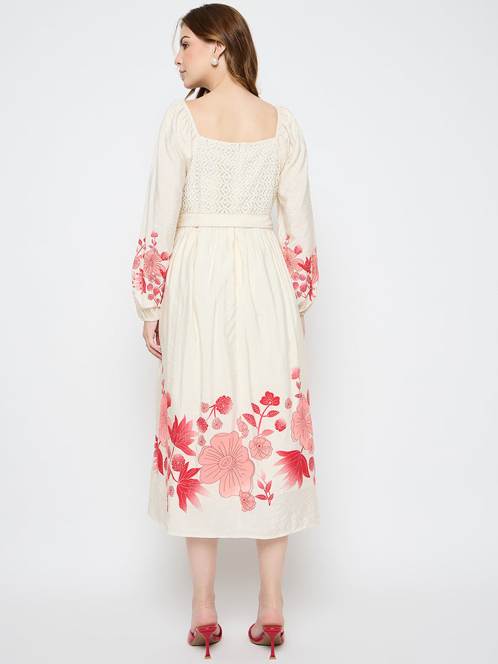 Madame Floral Print Belted Beige Rayon Midi Dress