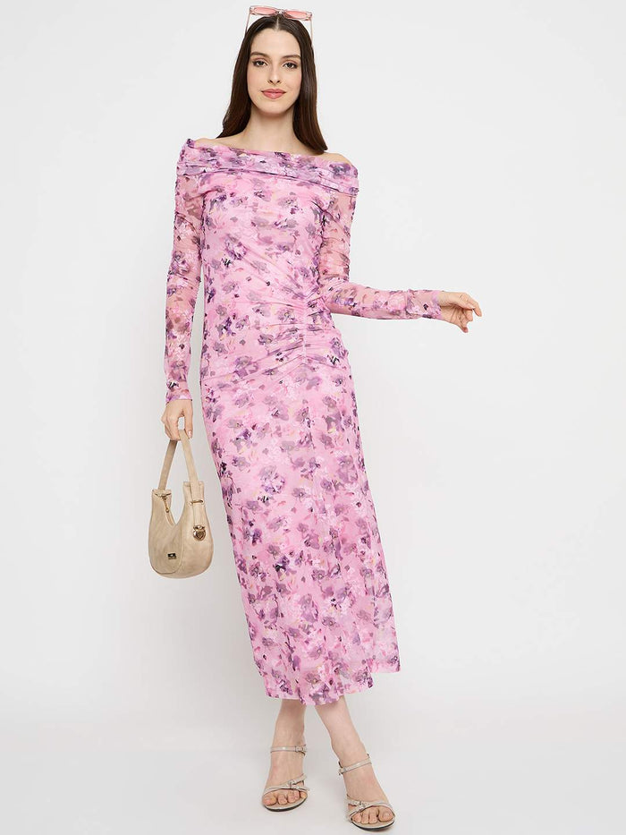 Madame Floral Print Off Shoulder Pink Maxi Dress