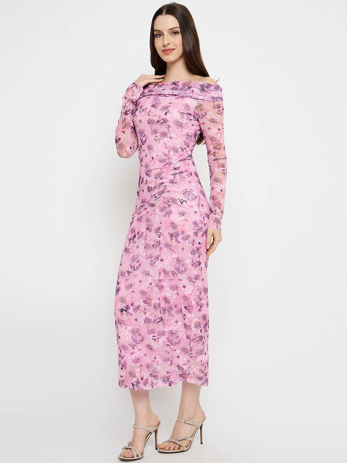 Madame Floral Print Off Shoulder Pink Maxi Dress
