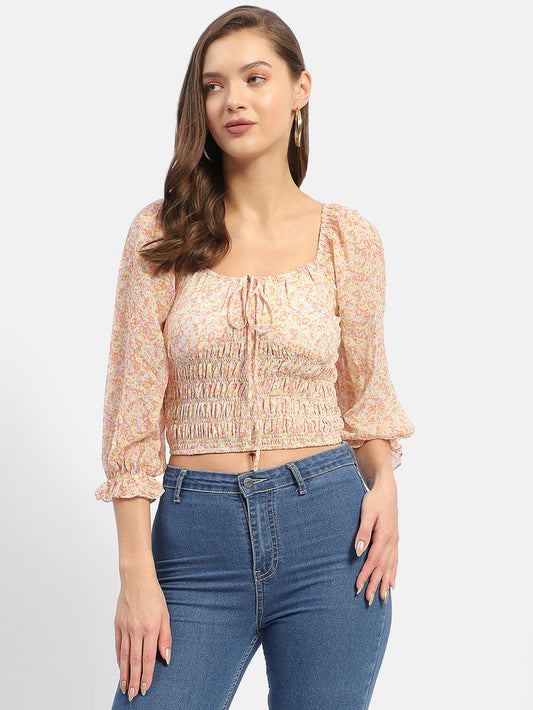 Madame Floral Print Off-White Smocked Off-Shoulder Top