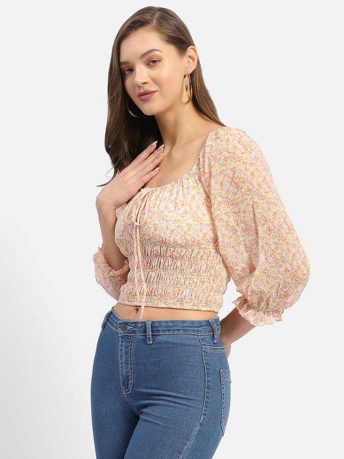 Madame Floral Print Off-White Smocked Off-Shoulder Top