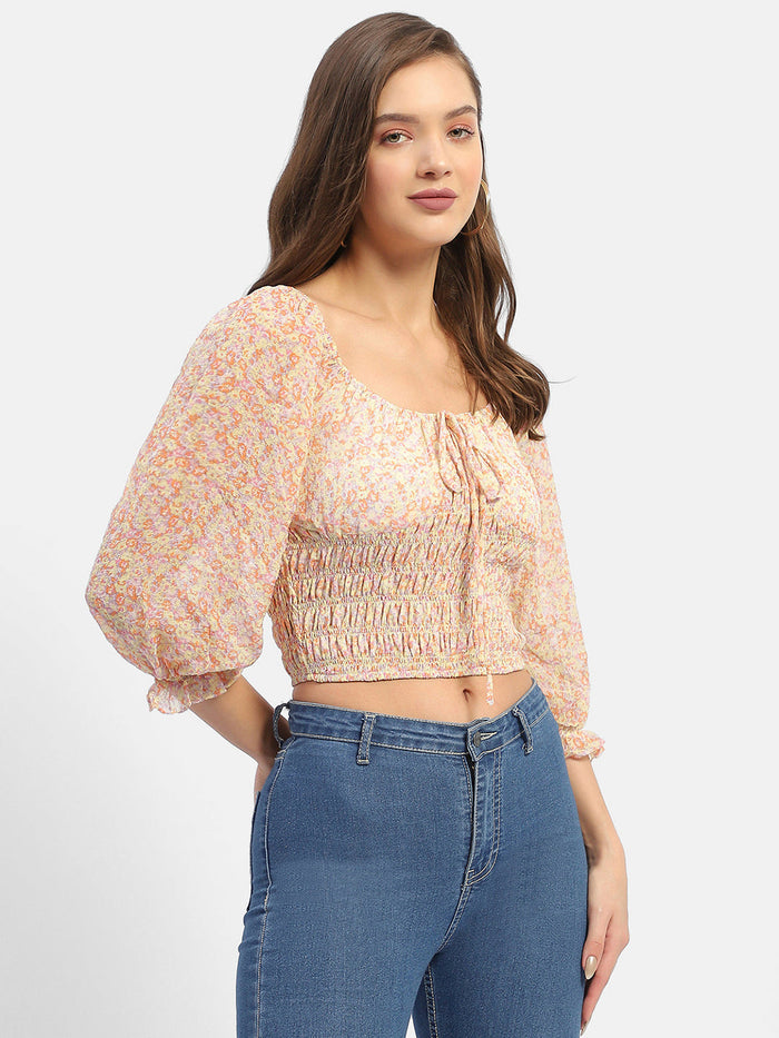 Madame Floral Print Off-White Smocked Off-Shoulder Top