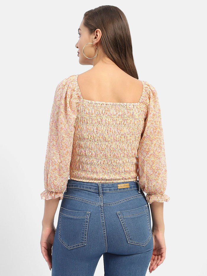 Madame Floral Print Off-White Smocked Off-Shoulder Top