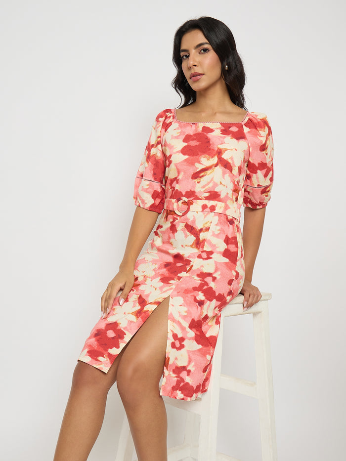 Madame Floral Print Ruched Bodycon Coral Dress