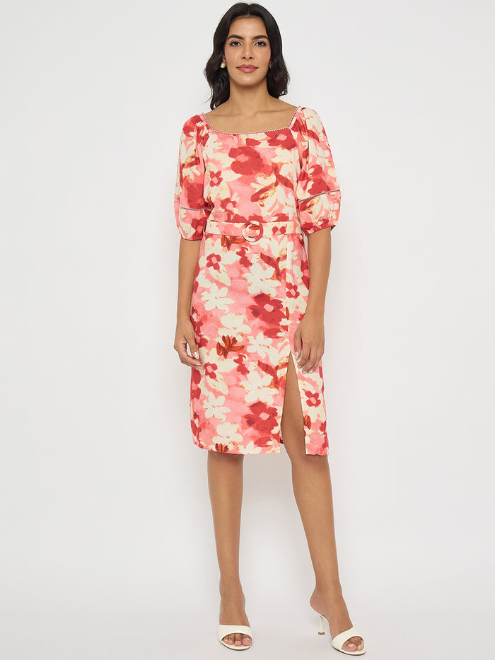 Madame Floral Print Ruched Bodycon Coral Dress