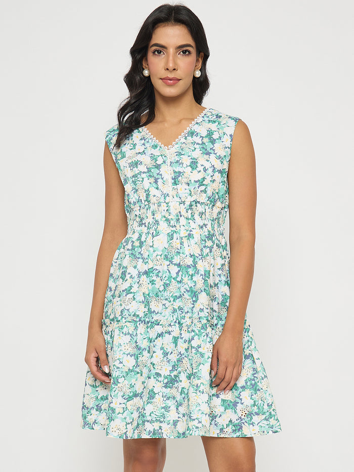 Madame Floral Print Smocked White Fit and Flare Mini Dress