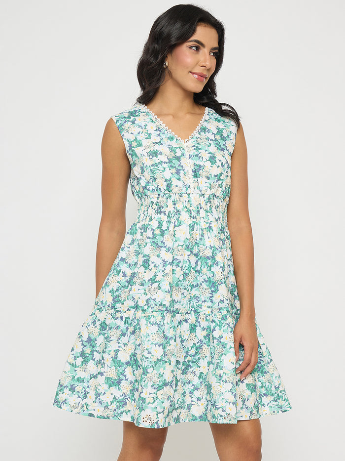 Madame Floral Print Smocked White Fit and Flare Mini Dress
