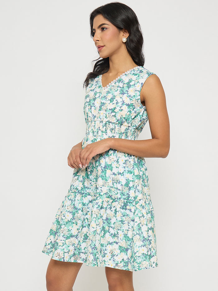 Madame Floral Print Smocked White Fit and Flare Mini Dress