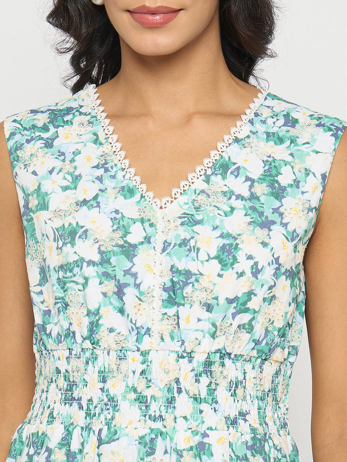 Madame Floral Print Smocked White Fit and Flare Mini Dress