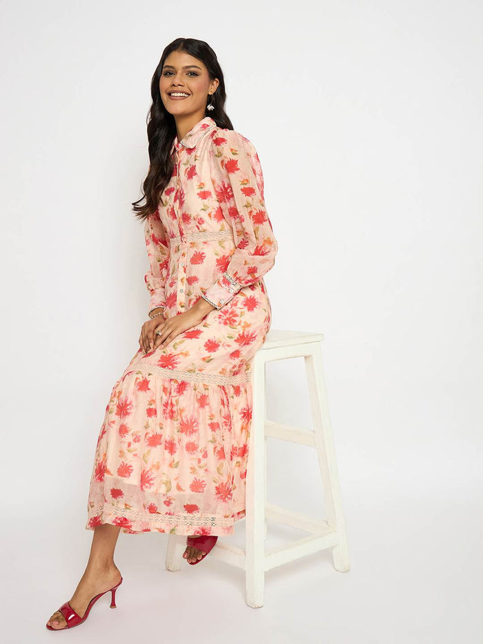 Madame Floral Print Tiered Peach Maxi Shirt Dress