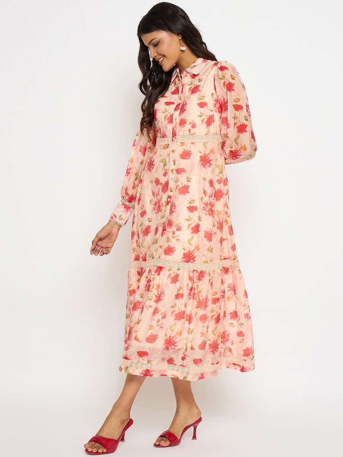 Madame Floral Print Tiered Peach Maxi Shirt Dress
