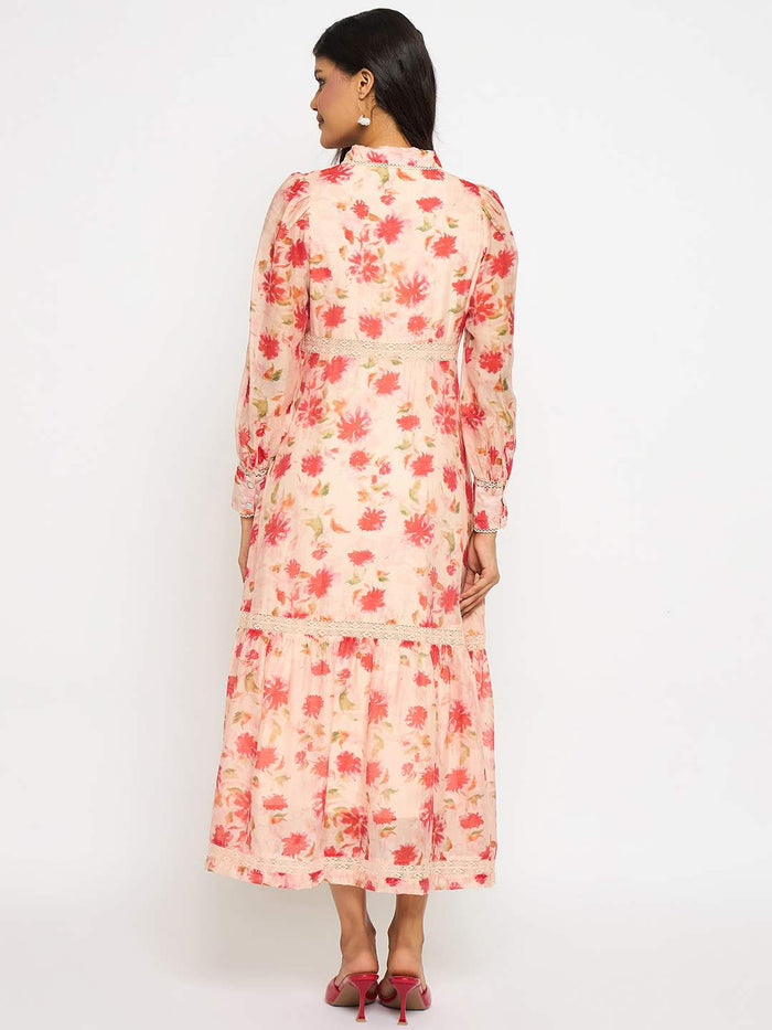 Madame Floral Print Tiered Peach Maxi Shirt Dress